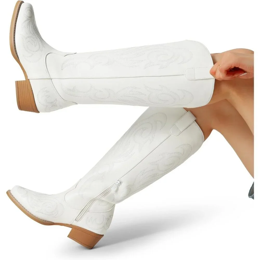 Women Faux Leather White Knee High Chunky Heel Side Zipper Embroidered Boot